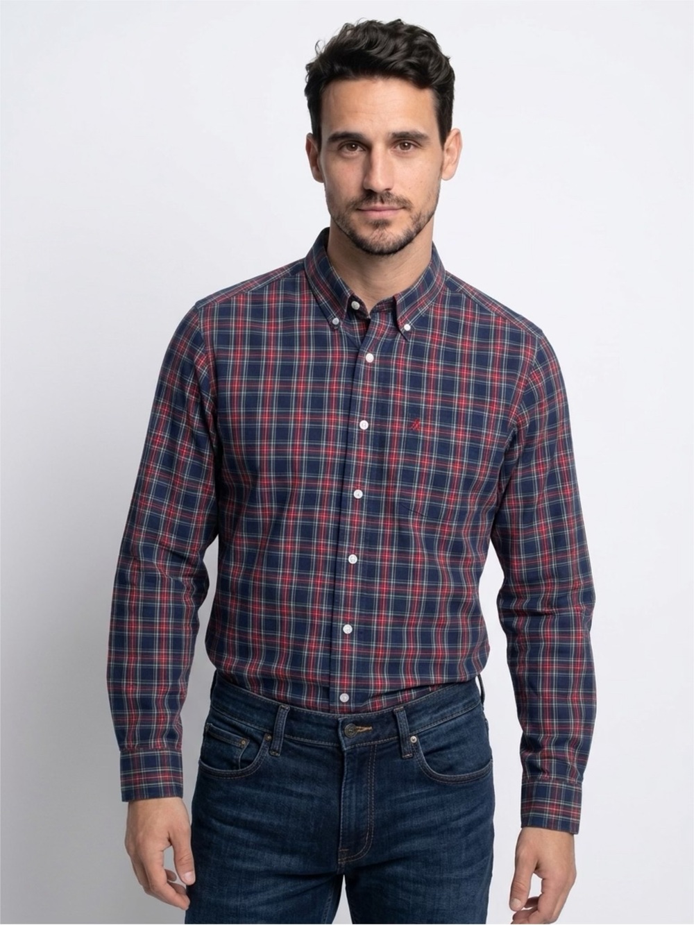 STAFFORD Prep Men's Plaid Classic Dress Shirt Navy Red Button-Down Casual Small